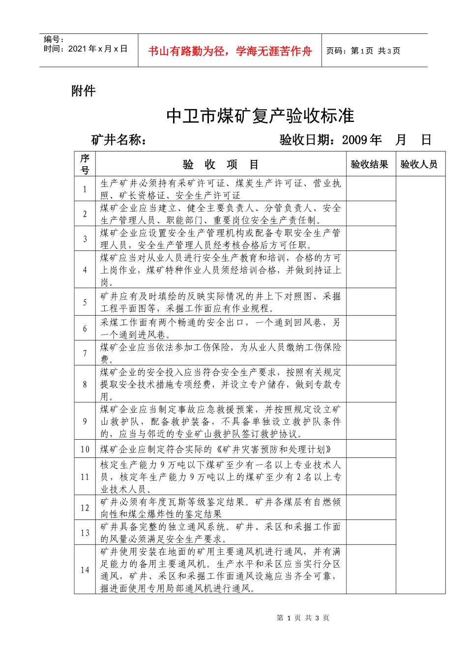 中卫市煤矿复产验收标准_第1页