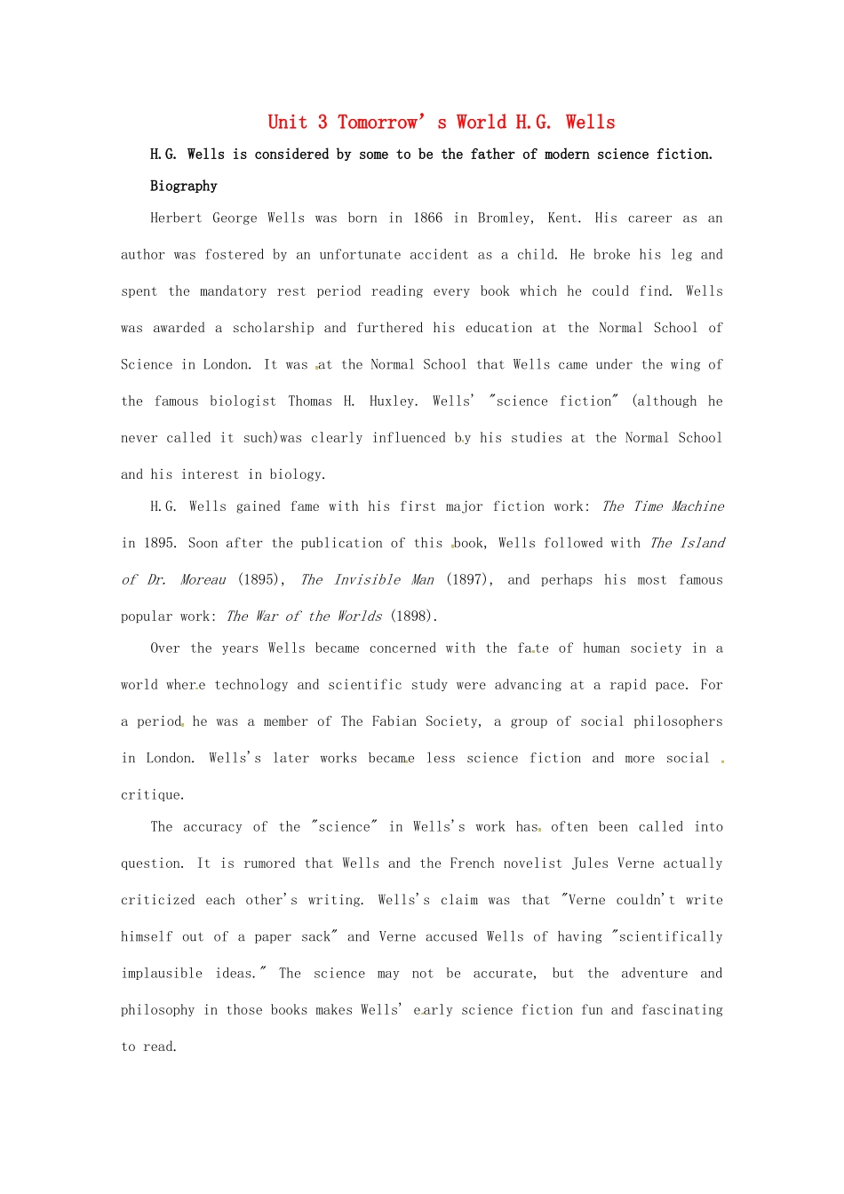 高中英语 Unit 3 Tomorrow’s World H.G. Wells教案 牛津译林版必修4-牛津版高一必修4英语教案_第1页
