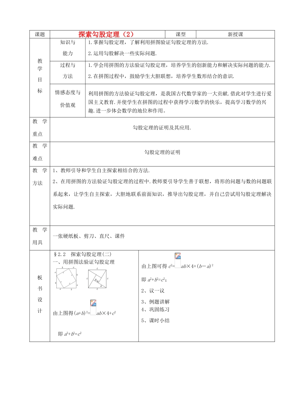 山东省烟台20中八年级数学上册《探索勾股定理》教案（2） 北师大版_第1页