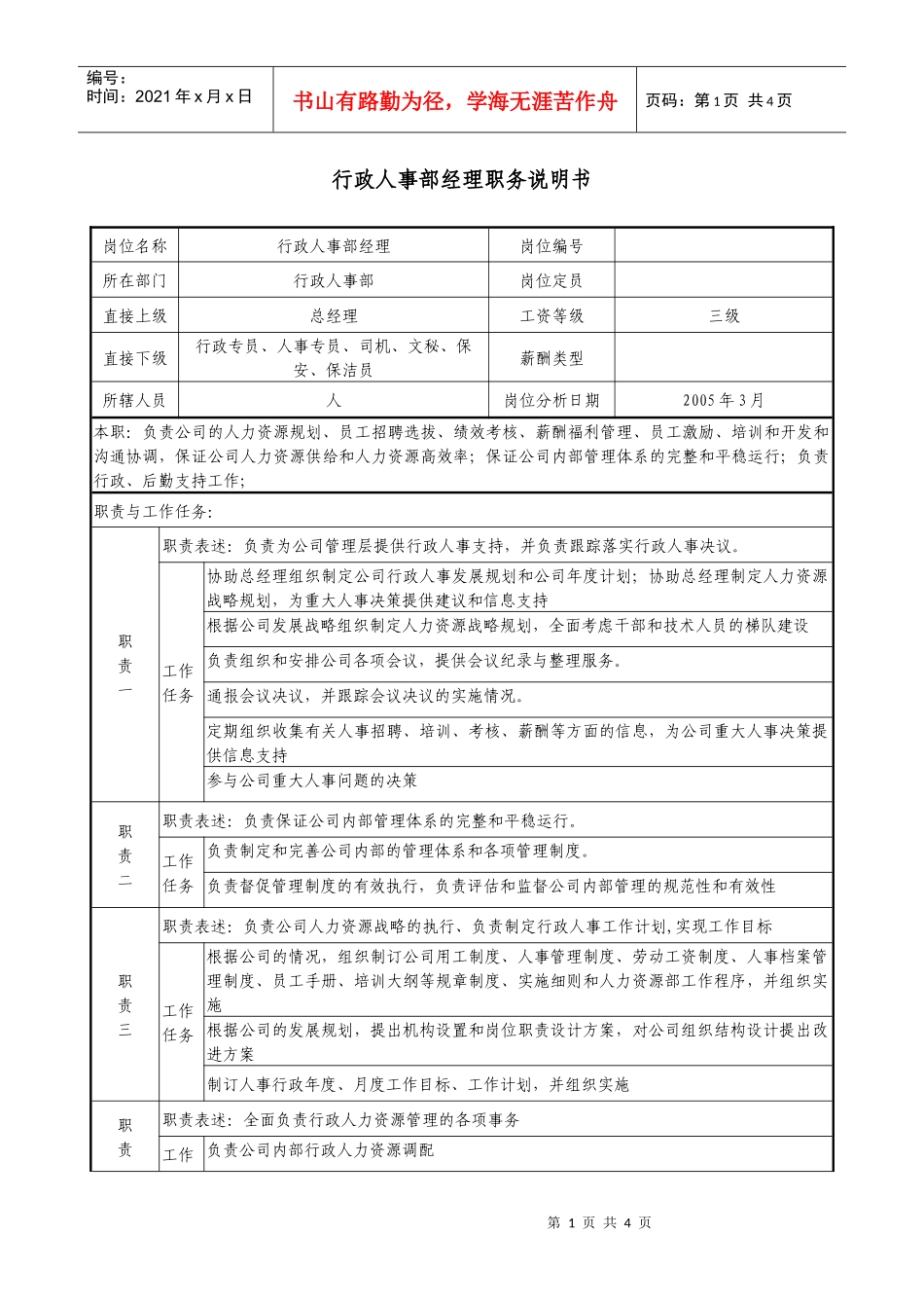 医药企业行政人事部经理职务说明书_第1页