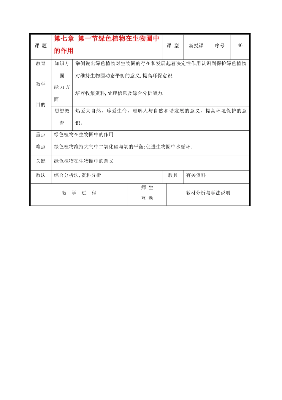 七年级生物上册 3.7.1绿色植物在生物圈中的作用教案 北师大版_第1页