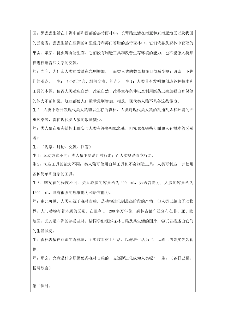 山东省龙口市诸由观镇诸由中学七年级生物下册 1.1 人类的起源和发展教案3 新人教版_第3页