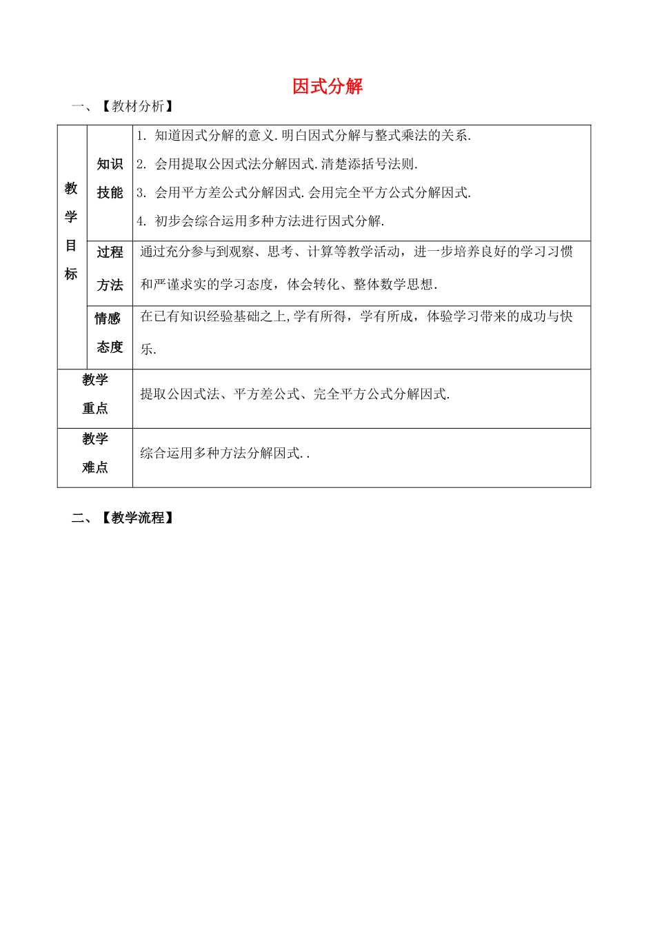 山东省郯城县红花镇中考数学专题复习 专题一 数与式（6）因式分解教案-人教版初中九年级全册数学教案_第1页