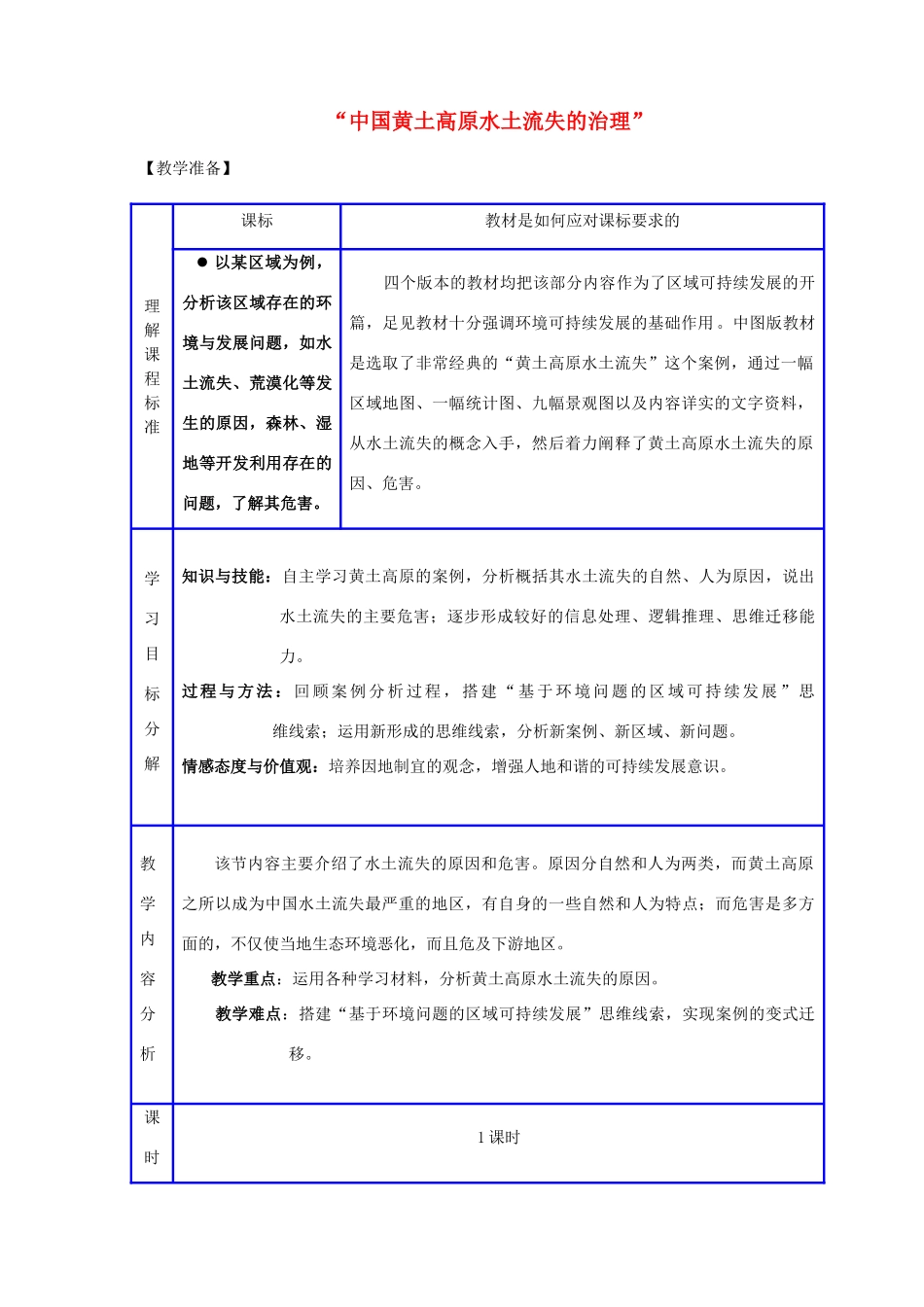 高中地理 2.1.1中国黄土高原水土流失的治理教学设计 中图版必修3-中图版高二必修3地理教案_第1页