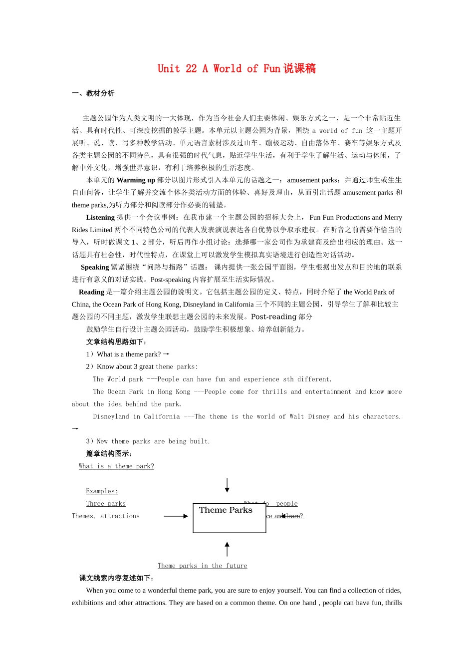 高中英语 Unit 22《A World of Fun》说课稿1 新人教版_第1页