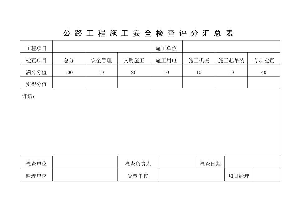公路工程施工安全检查评分汇总表_第1页