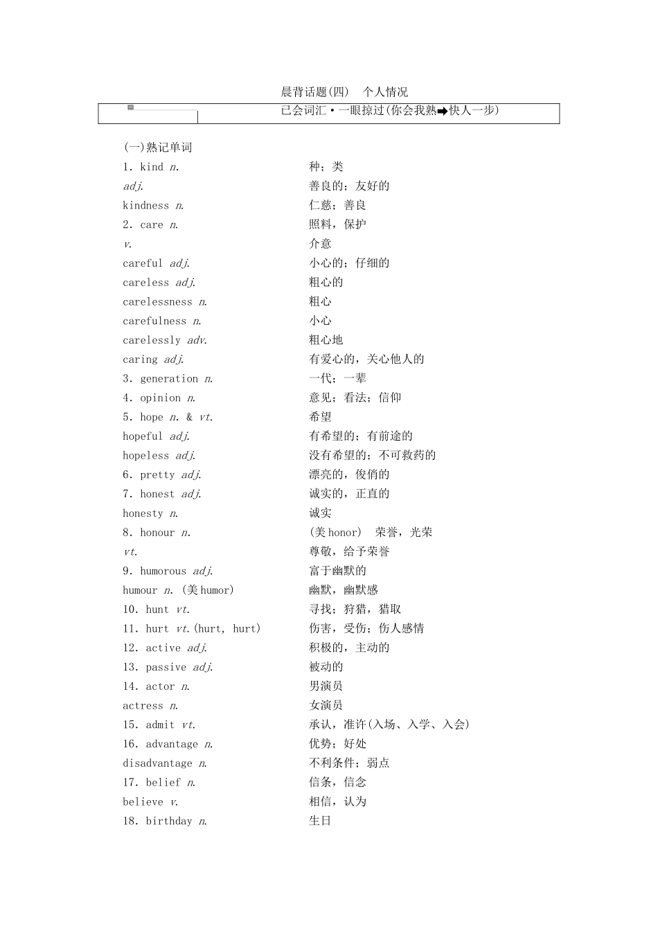 高考英语一轮复习 精选晨背热点话题（四）个人情况讲义-人教版高三全册英语教案_第1页