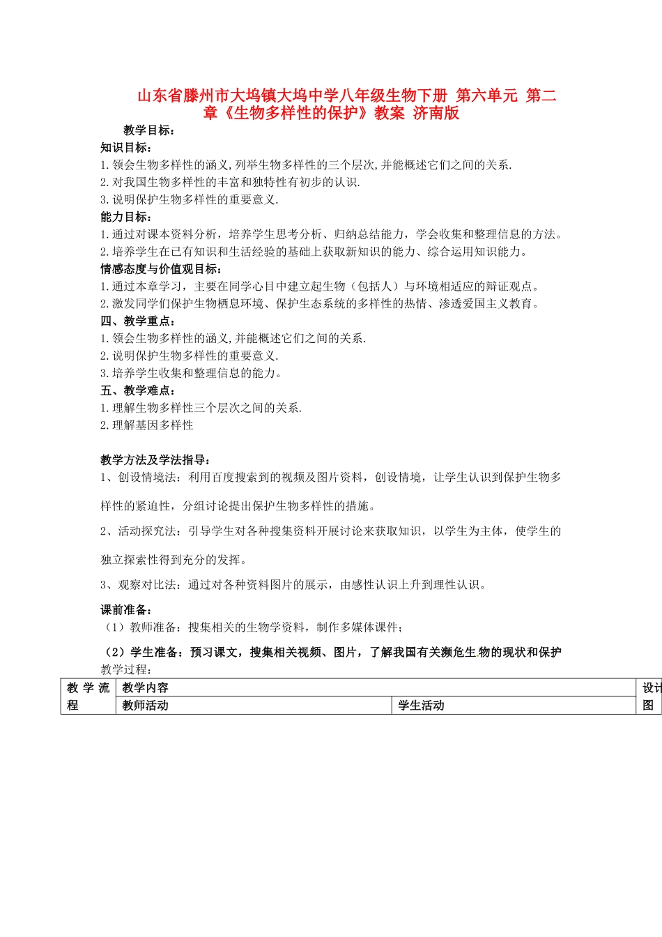 山东省滕州市大坞镇大坞中学八年级生物下册 第六单元 第二章《生物多样性的保护》教案 济南版_第1页