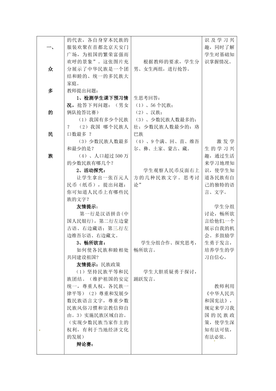 山东省枣庄市峄城区吴林街道中学八年级地理上册 1-4 和睦的民族大家庭教案 商务星球版_第2页