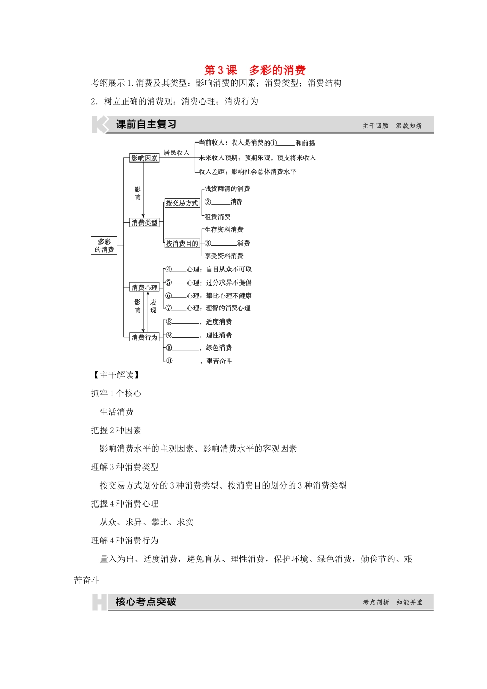 高考复习方案（全国卷地区专用）高考政治一轮复习 第1单元 生活与消费 第3课 多彩的消费听课手册-人教版高三全册政治教案_第1页