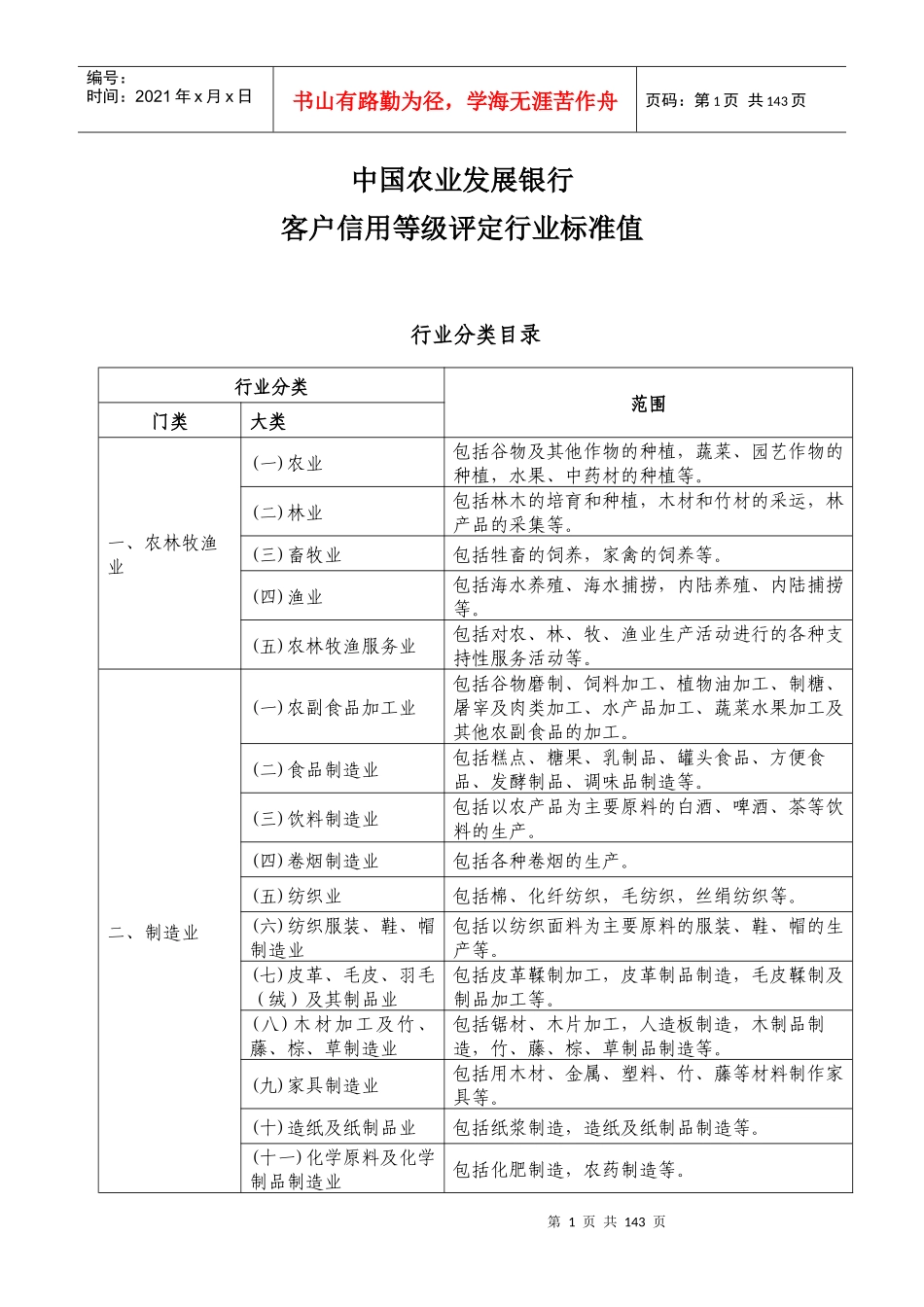 中国农业发展银行客户信用等级评定行业标准值_第1页