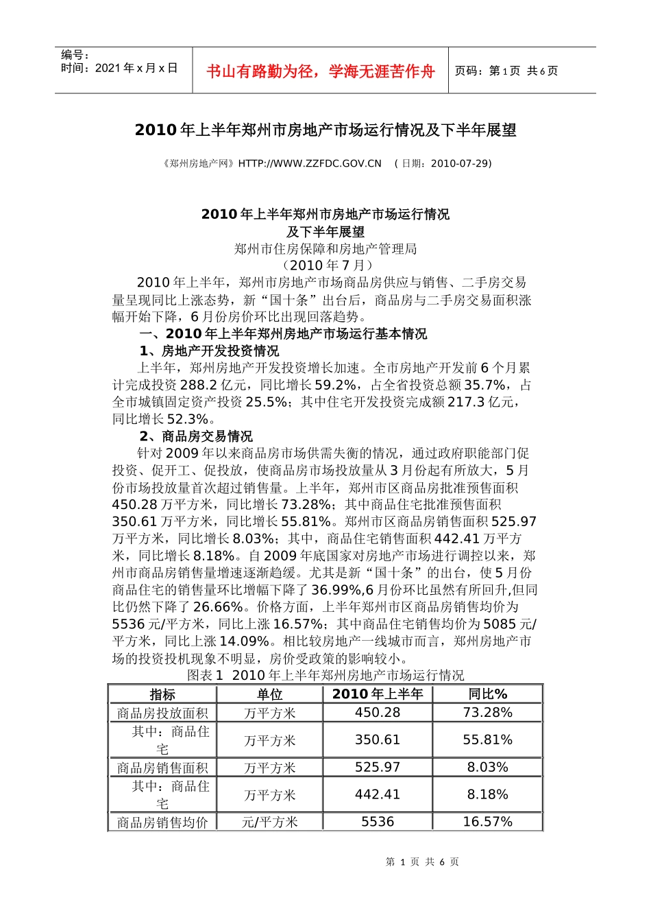 XXXX年上半年郑州市房地产市场运行情况及下半年展望_第1页