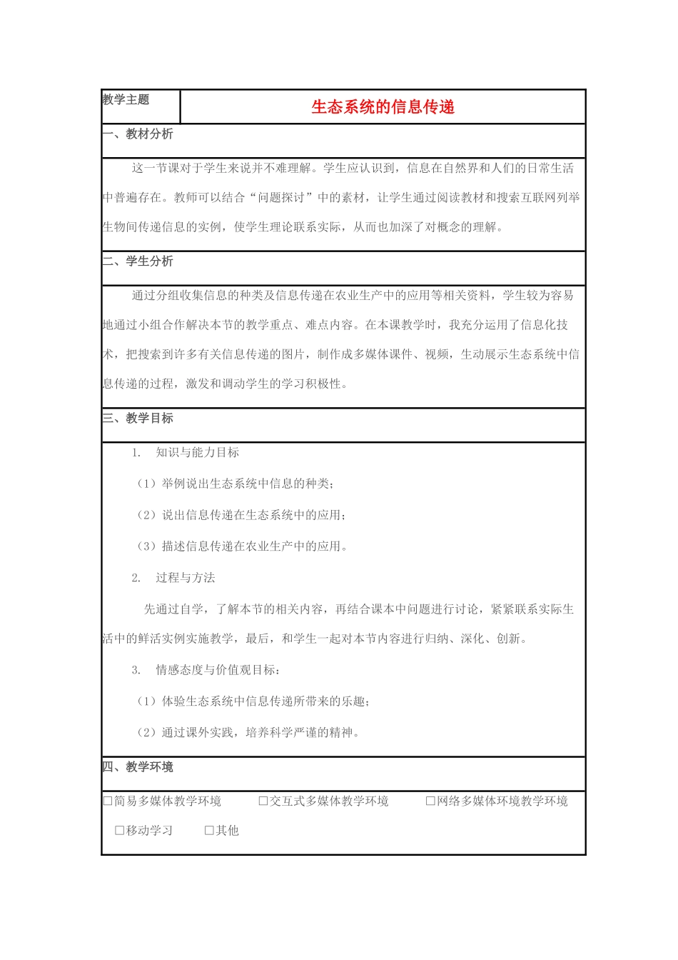 高中生物 生态系统的信息传递信息化教学设计-人教版高二全册生物教案_第1页