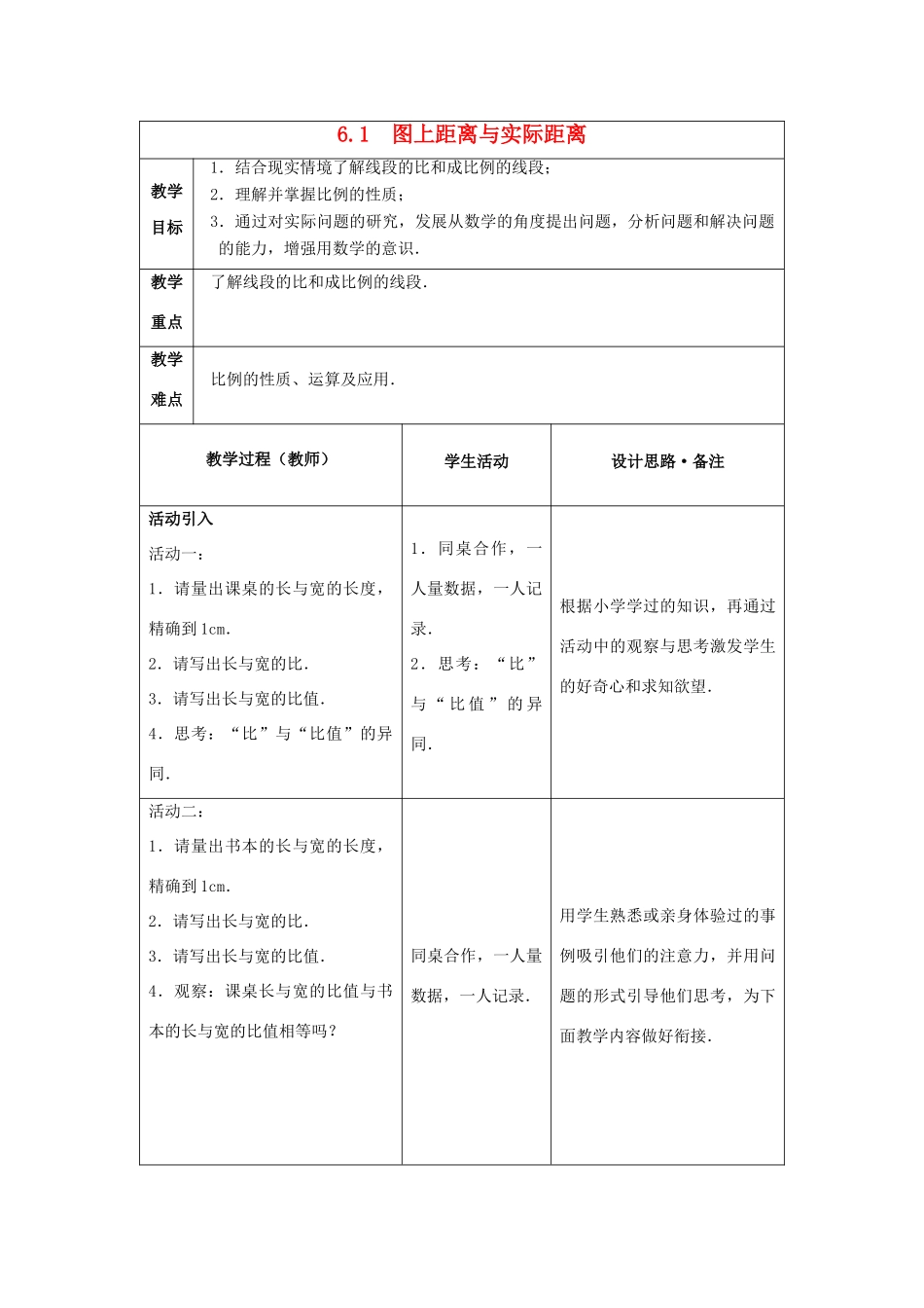 九年级数学下册 第6章 图形的相似 6.1 图上距离与实际距离教案 （新版）苏科版-（新版）苏科版初中九年级下册数学教案_第1页