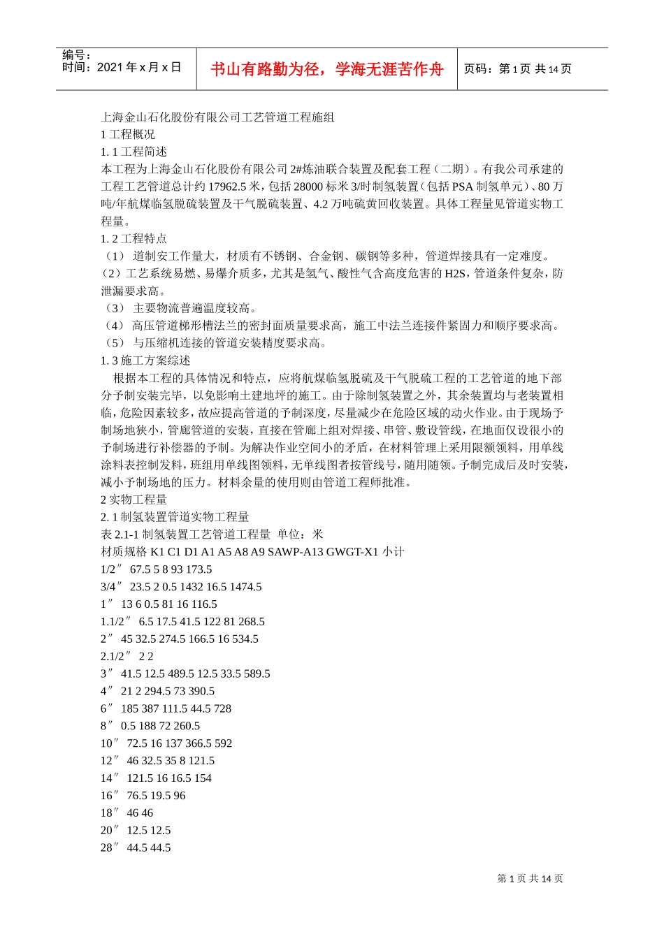 上海金山石化股份有限公司工艺管道工程施工组织设计(DOC14页)_第1页