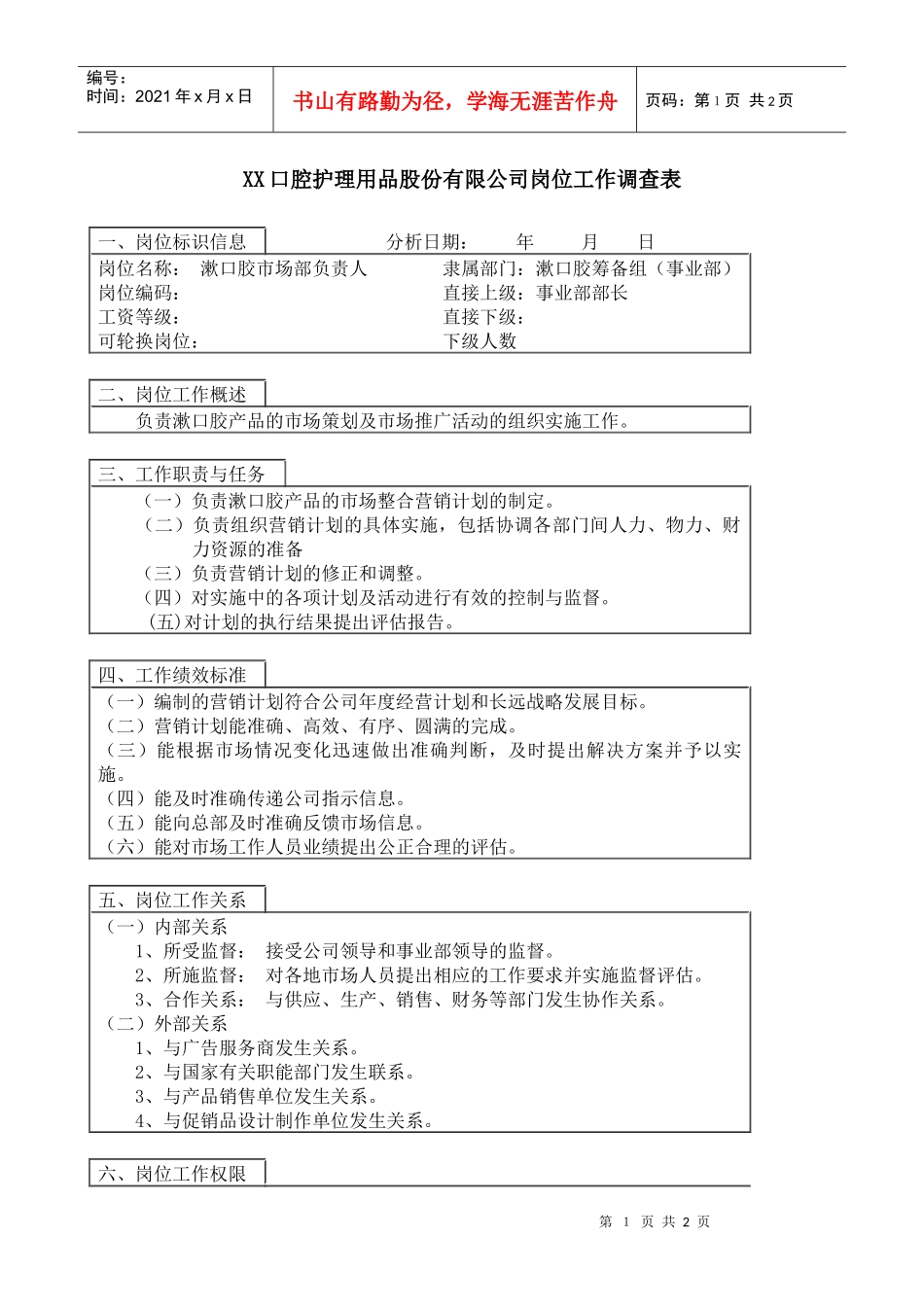 医药行业-漱口胶筹备组-市场部负责人岗位说明书_第1页