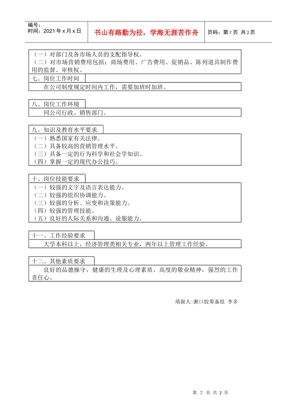 医药行业-漱口胶筹备组-市场部负责人岗位说明书_第2页
