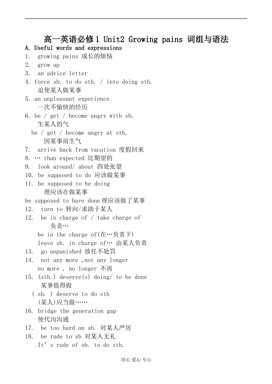 高一英语必修1 Unit2 Growing pains 词组与语法_第1页