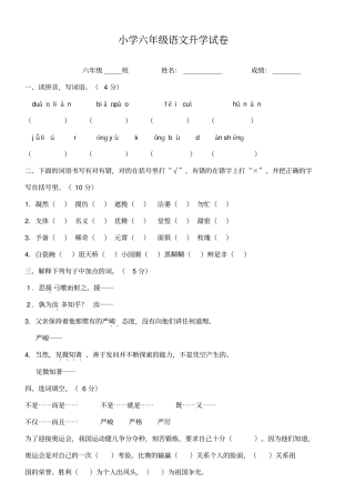 人教版小学六年级语文升学考试综合试卷及答案