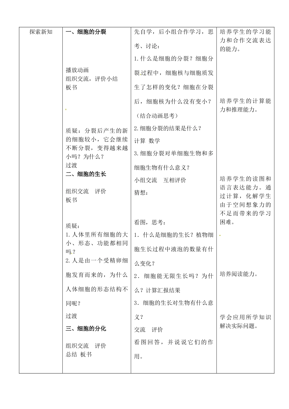 七年级生物下册 4.8.2 细胞的分裂与分化教案 （新版）苏科版-（新版）苏科版初中七年级下册生物教案_第2页