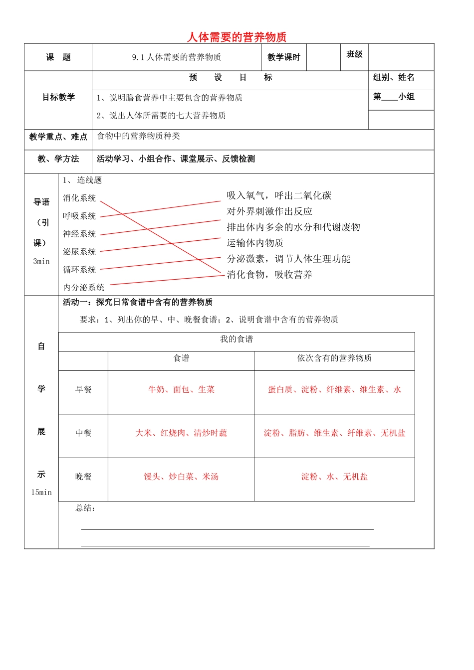 秋七年级生物下册 9.1 人体需要的主要营养物质教学设计 （新版）苏教版-（新版）苏教版初中七年级下册生物教案_第1页
