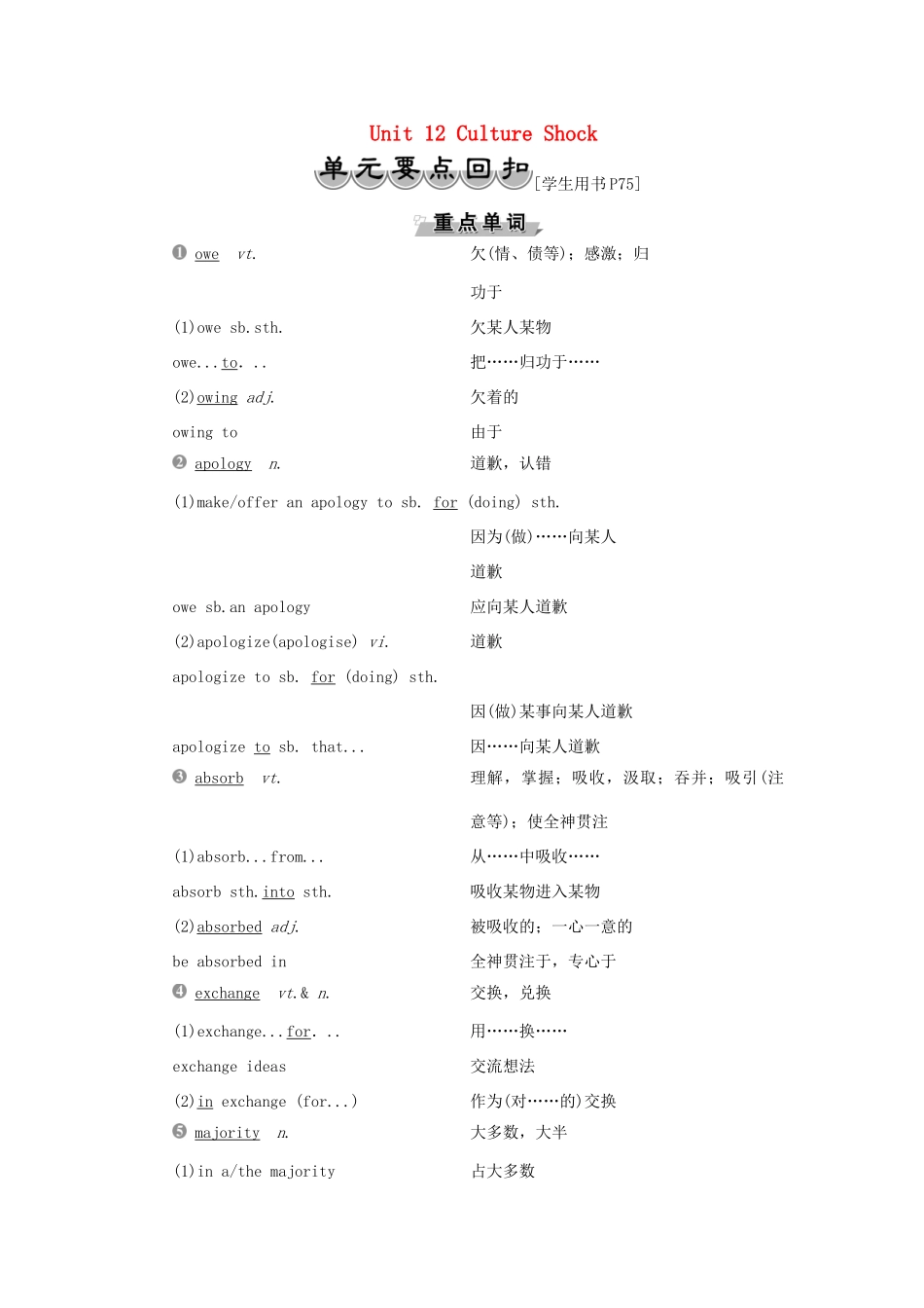 高中英语 Unit 12 Culture Shock 单元要点回扣教案 北师大版必修4-北师大版高一必修4英语教案_第1页