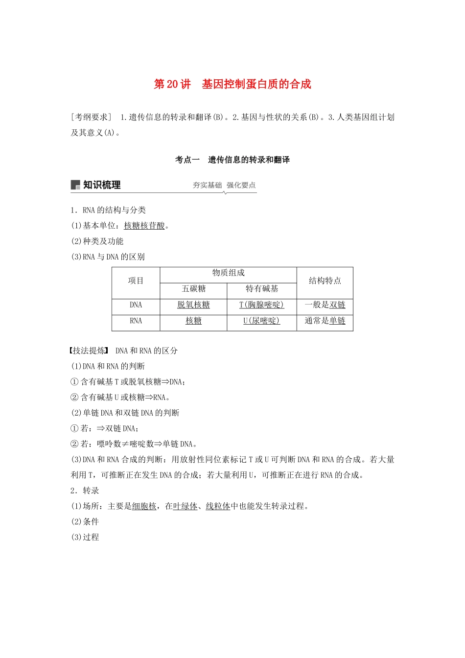 （江苏专用）高考生物新导学大一轮复习 第六单元 遗传的分子基础 第20讲 基因控制蛋白质的合成讲义（含解析）苏教版-苏教版高三全册生物教案_第1页