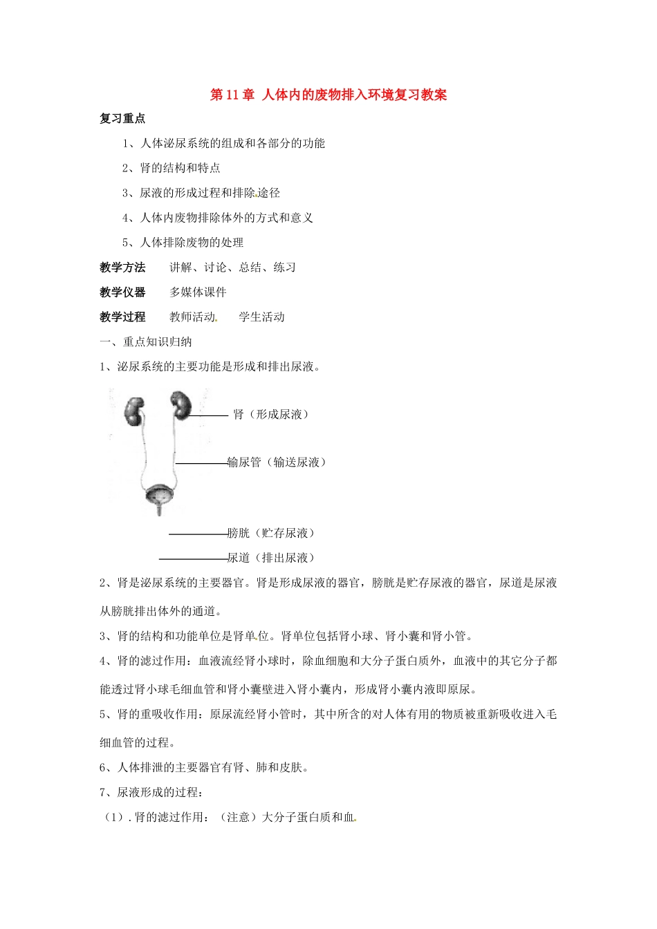 七年级生物下册第11章 人体内的废物排入环境（教案）苏科版_第1页
