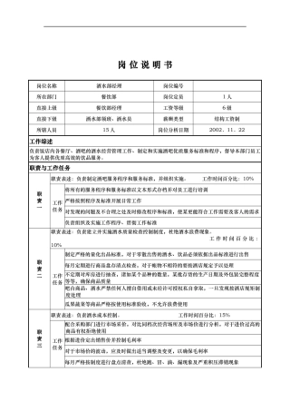 x国际大酒店餐饮部岗位说明书-酒水部经理(doc)
