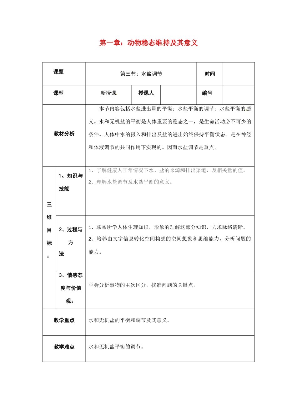 高中生物 水盐调节精品教案 中图版必修3_第1页