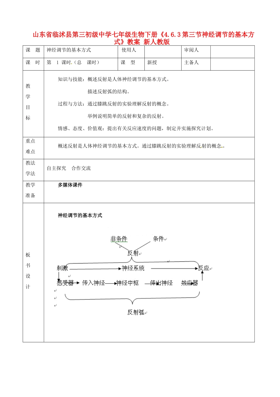 山东省临沭县第三初级中学七年级生物下册《4.6.3第三节神经调节的基本方式》教案 新人教版_第1页