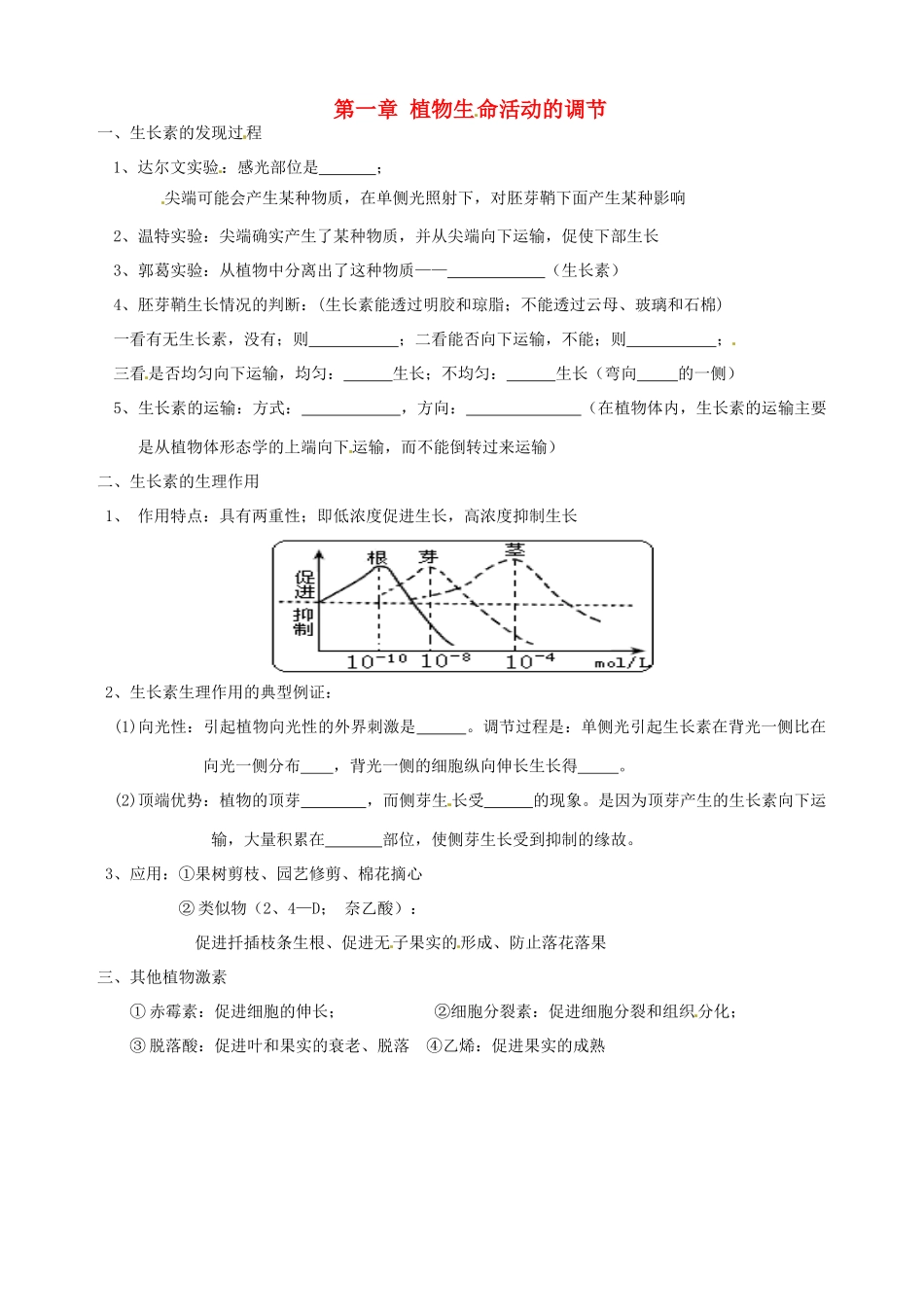 北京市房山区周口店中学高中生物会考复习 第一章 植物生命活动的调节 新人教版必修3_第1页