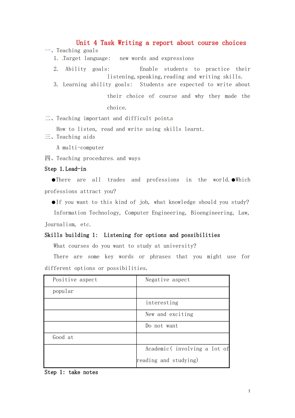 高中英语 Unit 4《The next step》Task教案1 译林版选修11_第1页