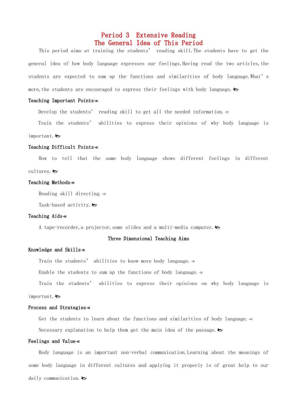 高中英语 Unit4 Body languange Period 3　Extensive Readingg优秀教案 新人教版必修4_第1页