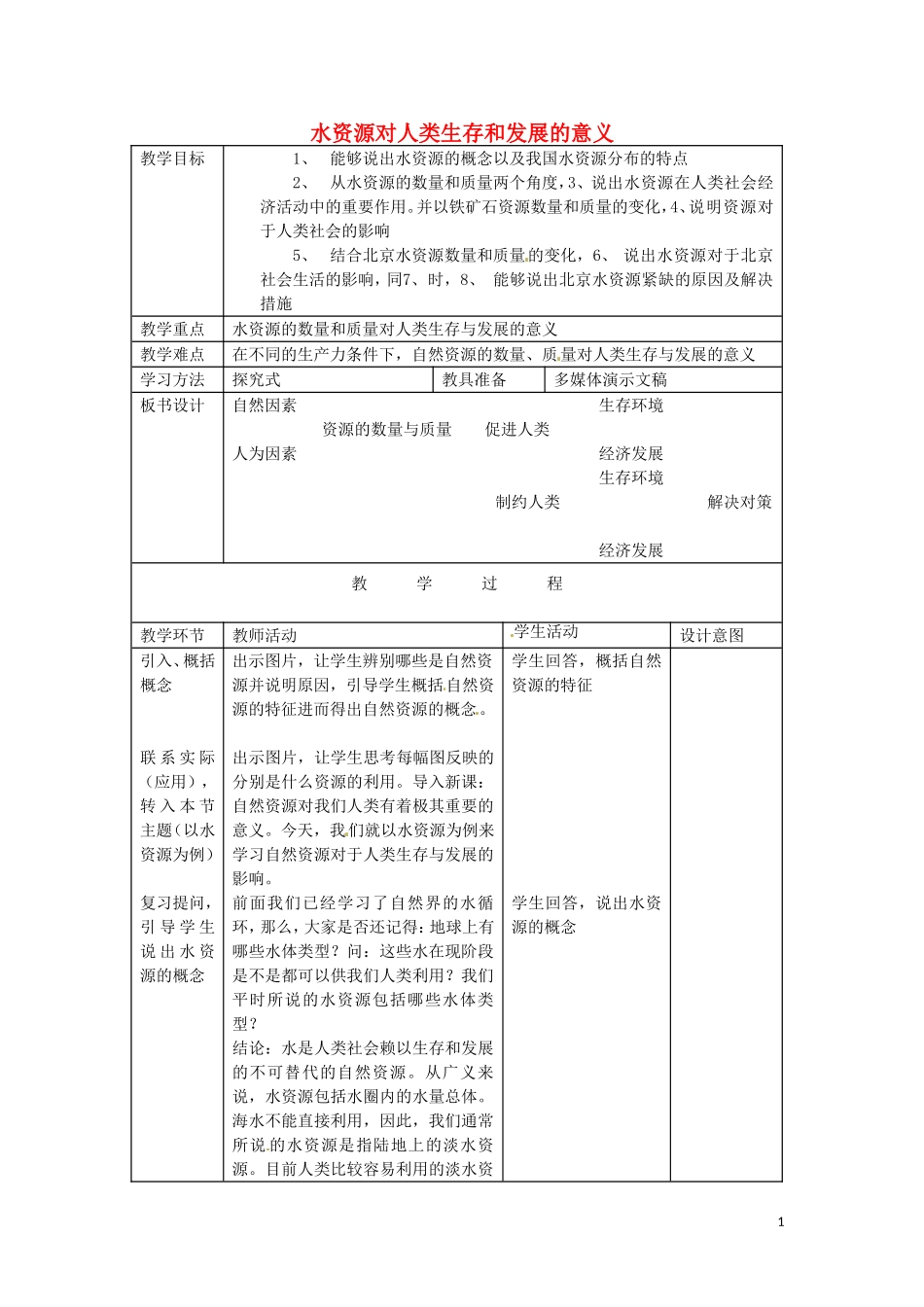 《水资源对人类生存和发展的意义》教案（1）_第1页