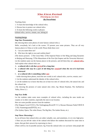 高一英语 Cultural Relics 全单元 教案人教新课标必修2