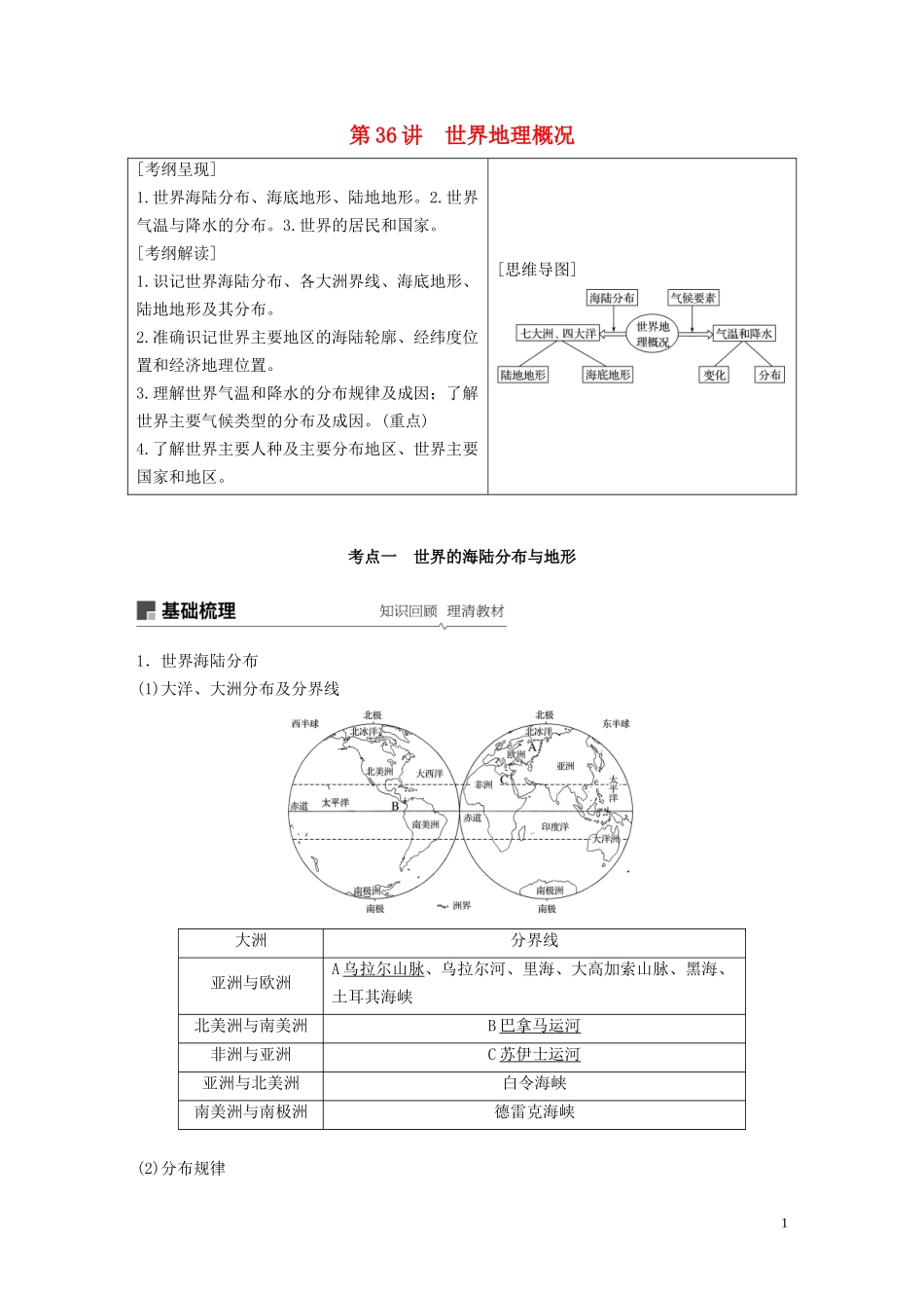 （江苏专用）高考地理大一轮复习 区域地理 第一章 世界地理 第36讲 世界地理概况教案（含解析）新人教版-新人教版高三全册地理教案_第1页