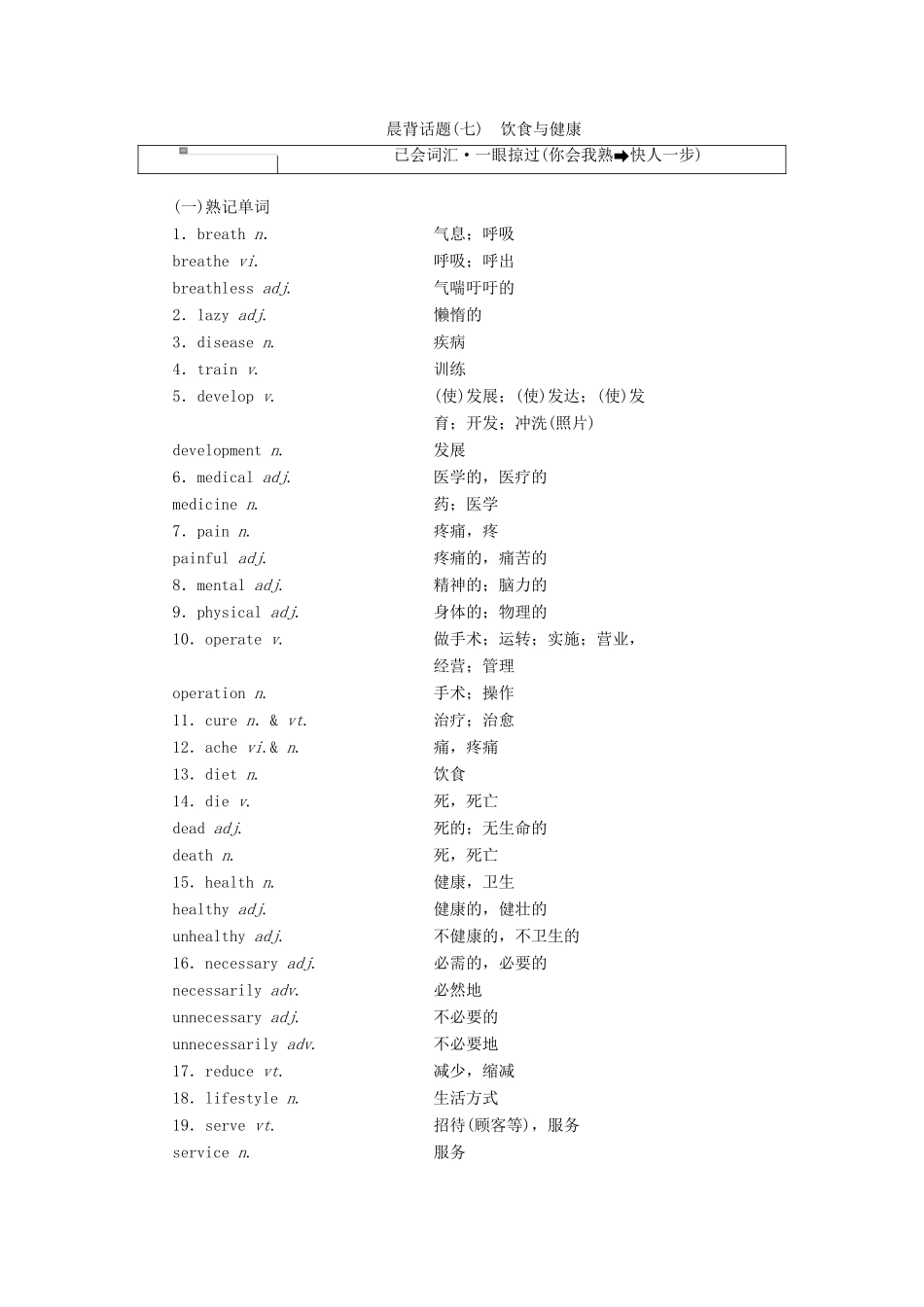 高考英语一轮复习 精选晨背热点话题（七）饮食与健康讲义-人教版高三全册英语教案_第1页