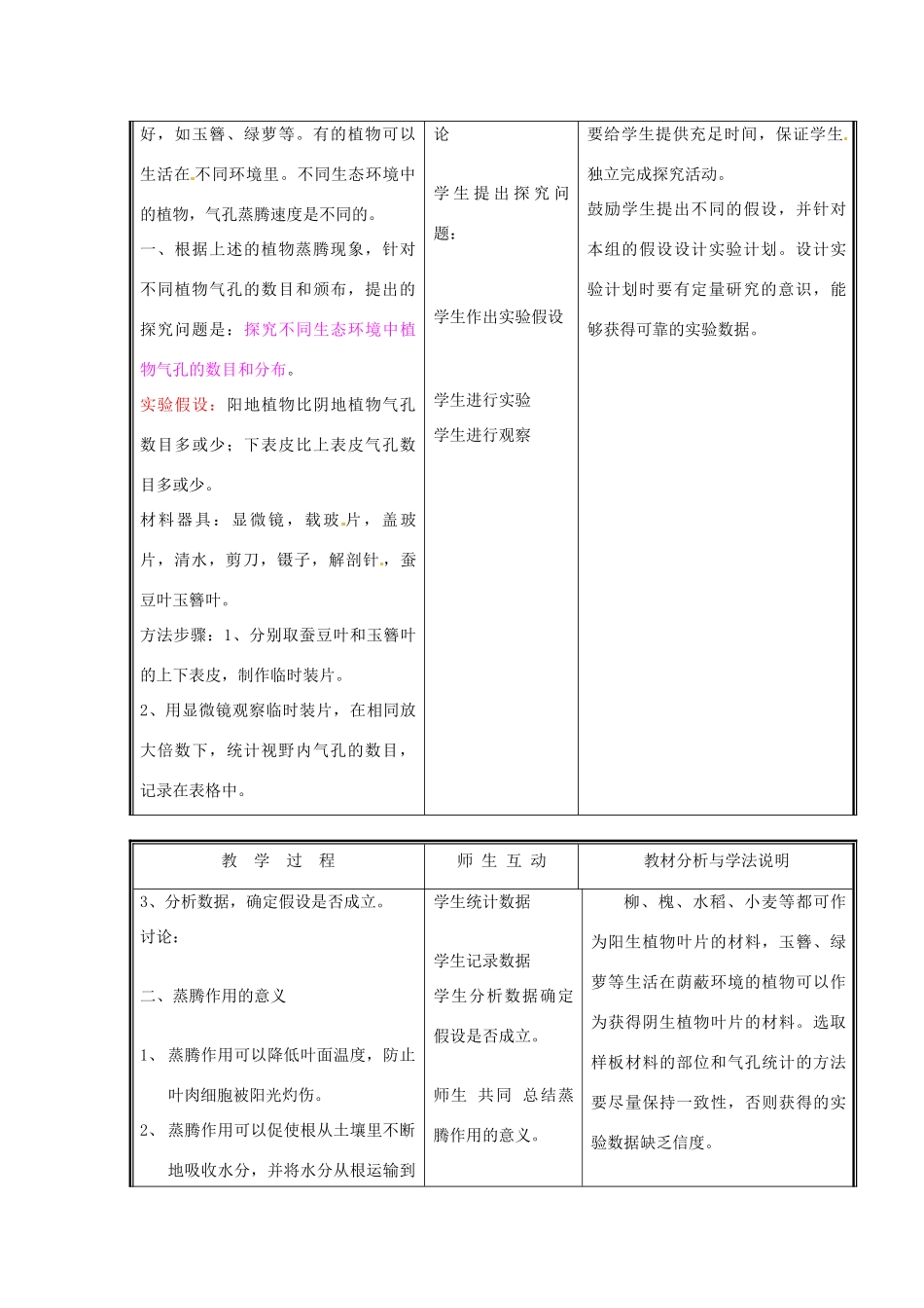 七年级生物上册 第三单元《生物圈中的绿色植物》第5章 绿色开花植物的生活方式 5.4 蒸腾作用教案 （新版）北师大版_第3页