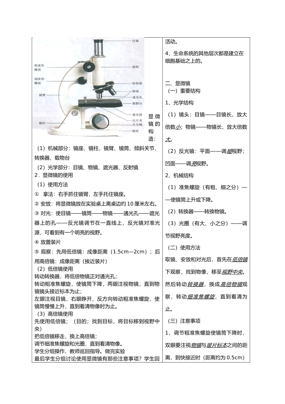 高中生物课题：第一节  生命活动的基本单位（细胞学说，显微镜）教案新人教版必修1_第2页