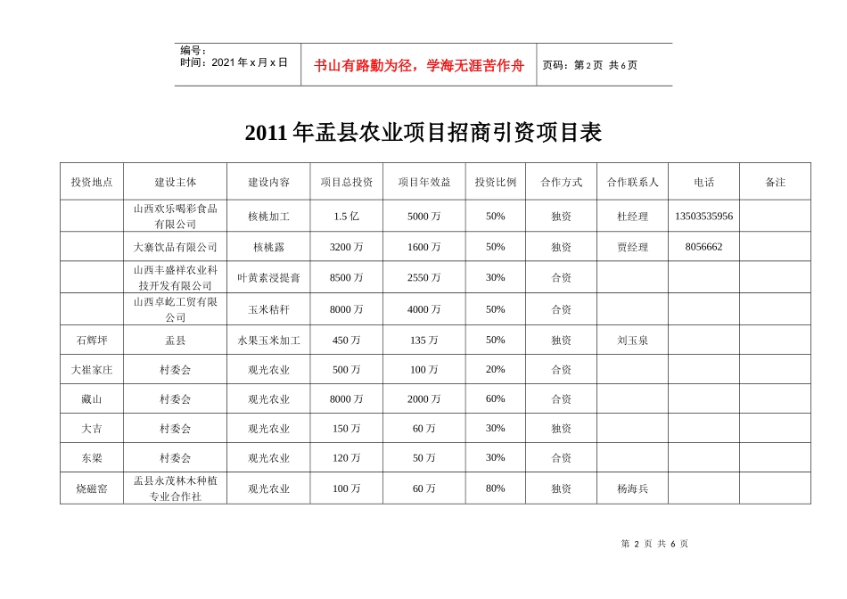 XXXX年盂县农业项目招商引资项目表_第2页