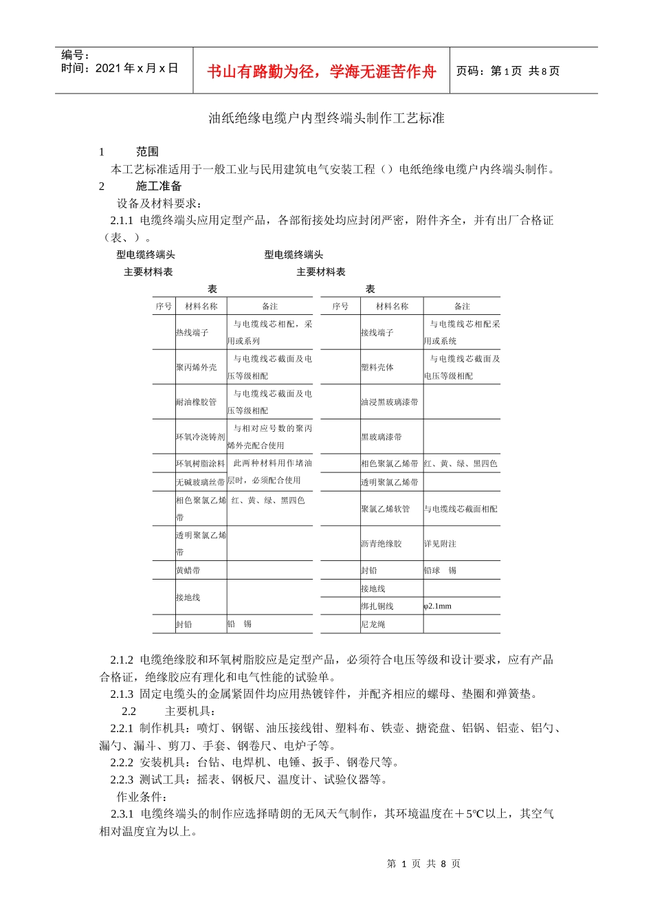 10kV油纸绝缘电缆户内型终端头制作工艺标准_第1页