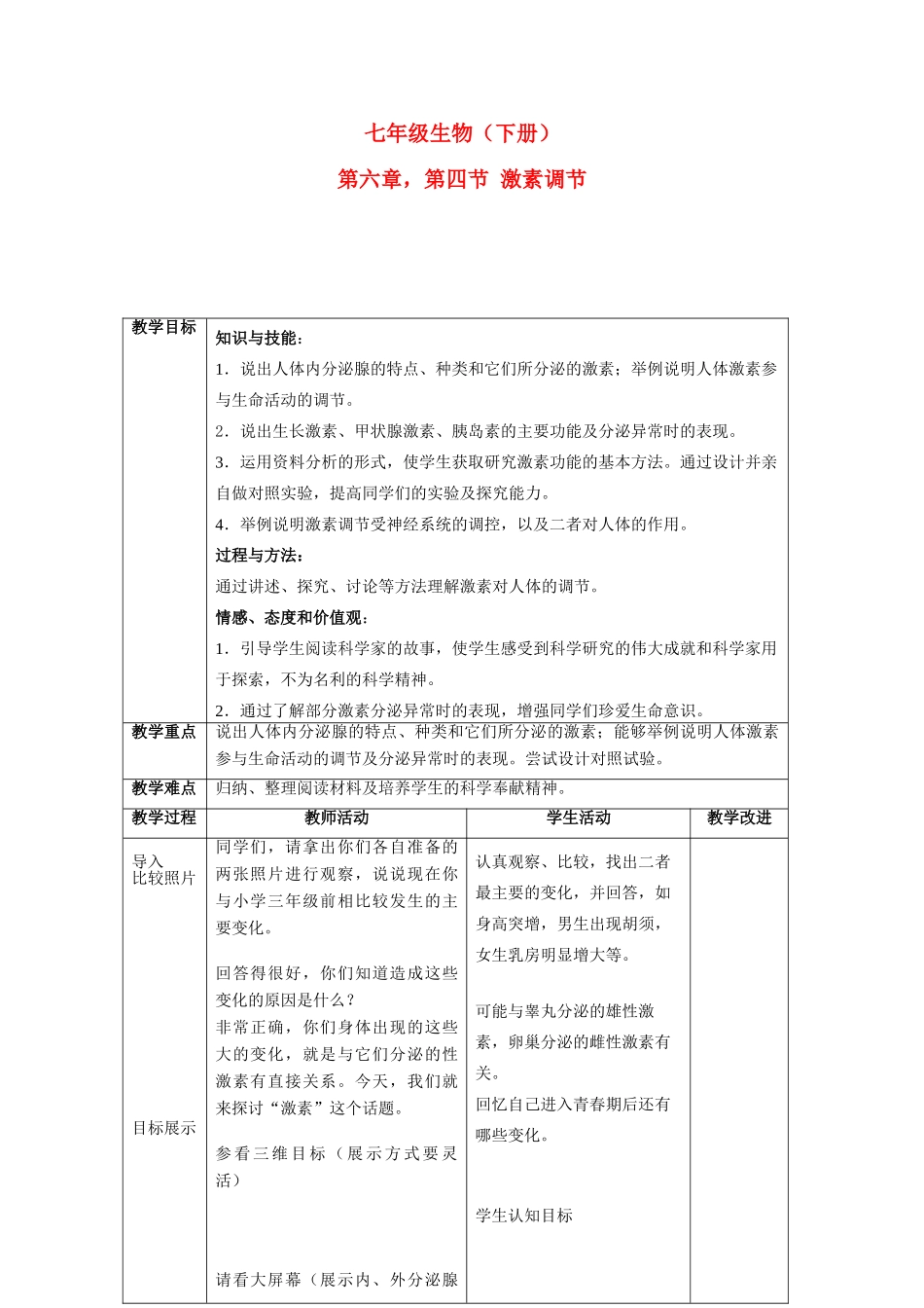 七年级生物下册4.6.4激素调节教案人教新课标版_第1页