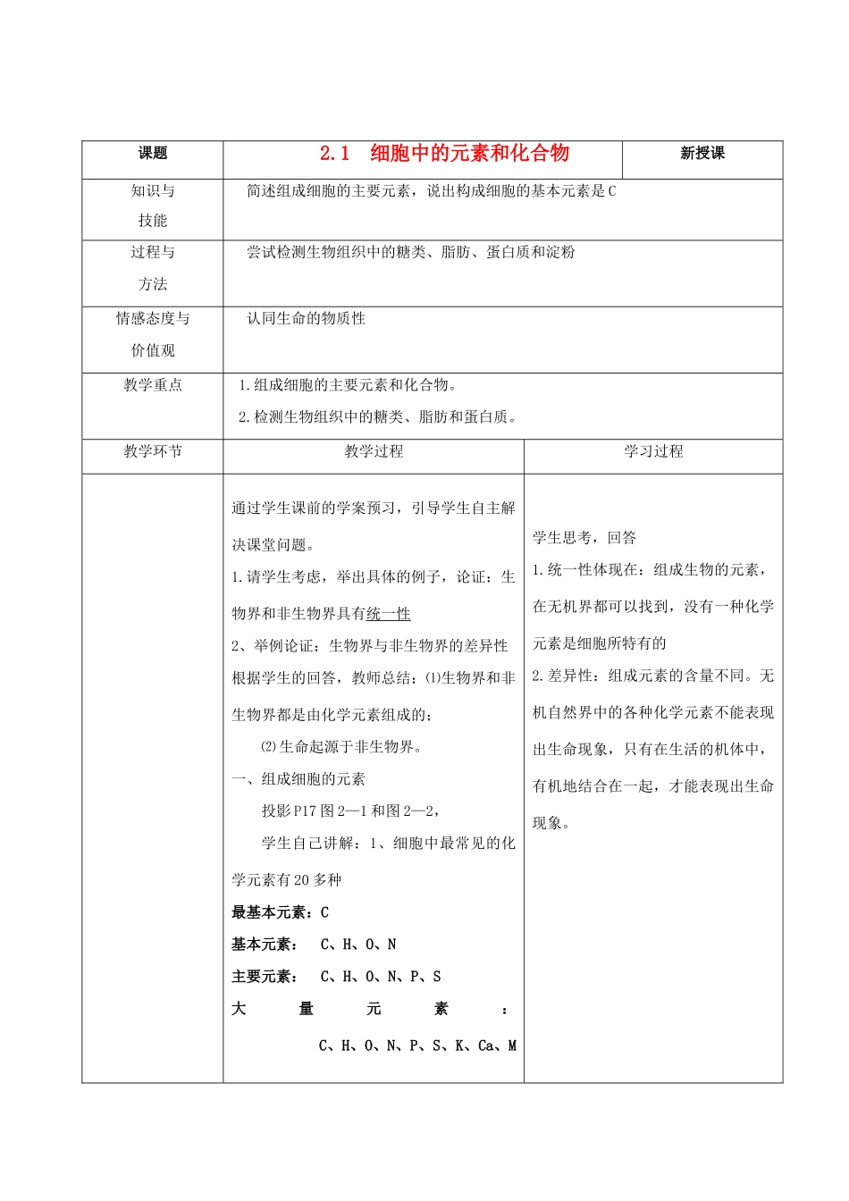 高中生物 《细胞中的元素和化合物》教案8 新人教版必修1_第1页