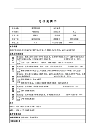 x国际大酒店餐饮部岗位说明书-凉菜间主厨(doc)