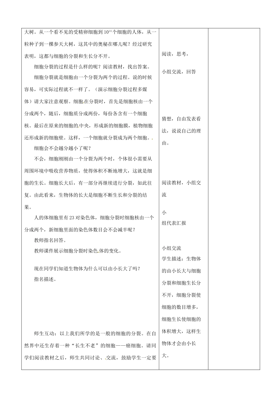 山东省郯城第三中学七年级生物上册 第一节 细胞通过分裂产生新细胞教案 新人教版_第2页