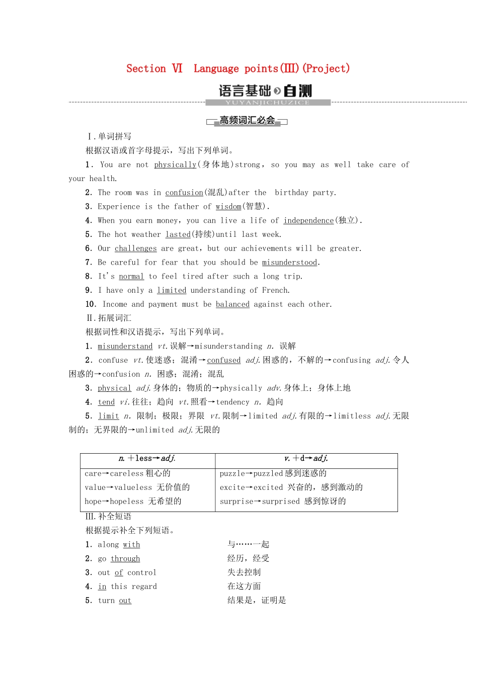 高中英语 Unit 2 Growing pains Section Ⅵ Language points（Ⅲ）（Project）教案（含解析）牛津译林版必修1-牛津版高一必修1英语教案_第1页