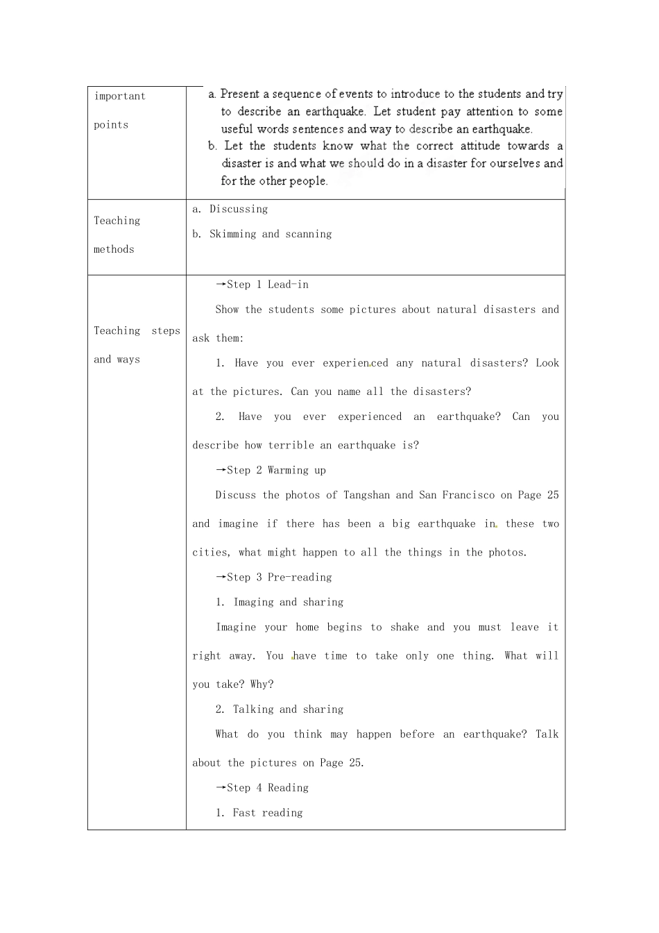 高中英语 Unit 4 Earthquakes教学设计 新人教版必修1_第2页