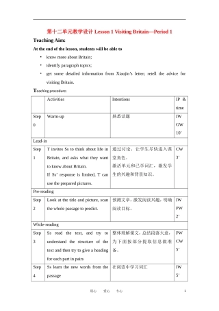 高一英语 Unit12 Lesson1 Visiting Britain 教案Period 1 北师大版必修模块4