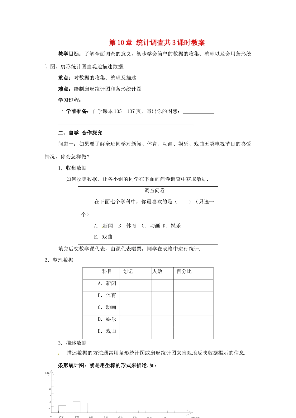 山东省青岛市城阳区第七中学七年级数学下册 第10章 统计调查共3课时教案 （新版）新人教版_第1页